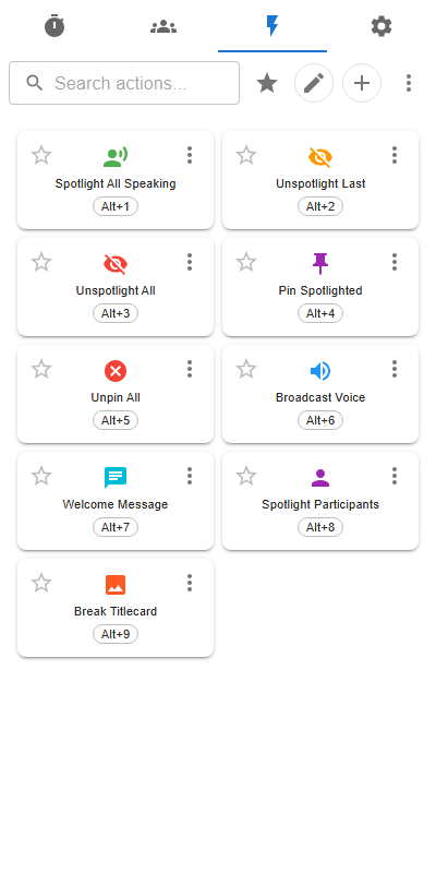 Actions tab showing the complete action button grid