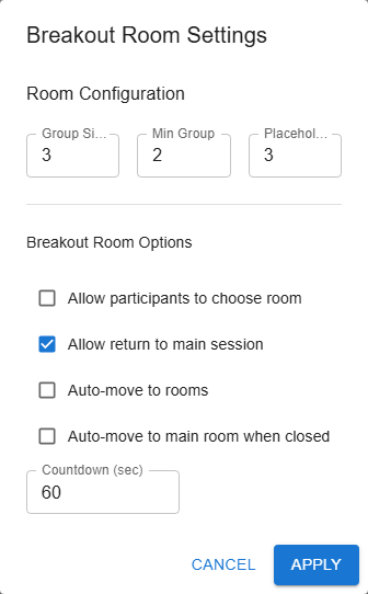 Breakout room settings dialog with configuration options
